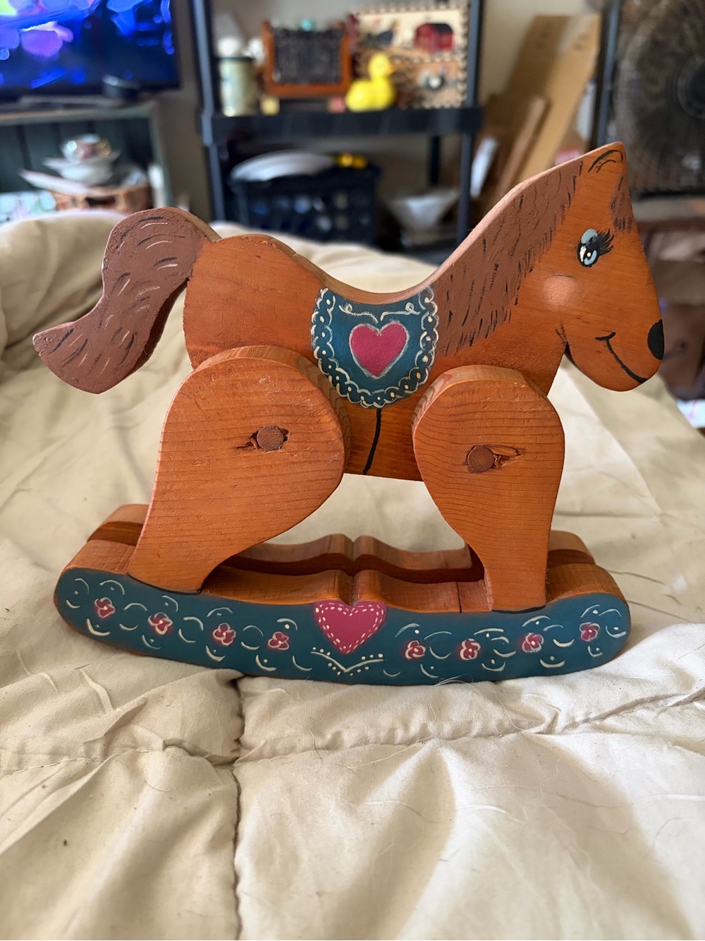 Cottage Core Hand-Painted Wooden Rocking Horse Figurine - Rustic Orange